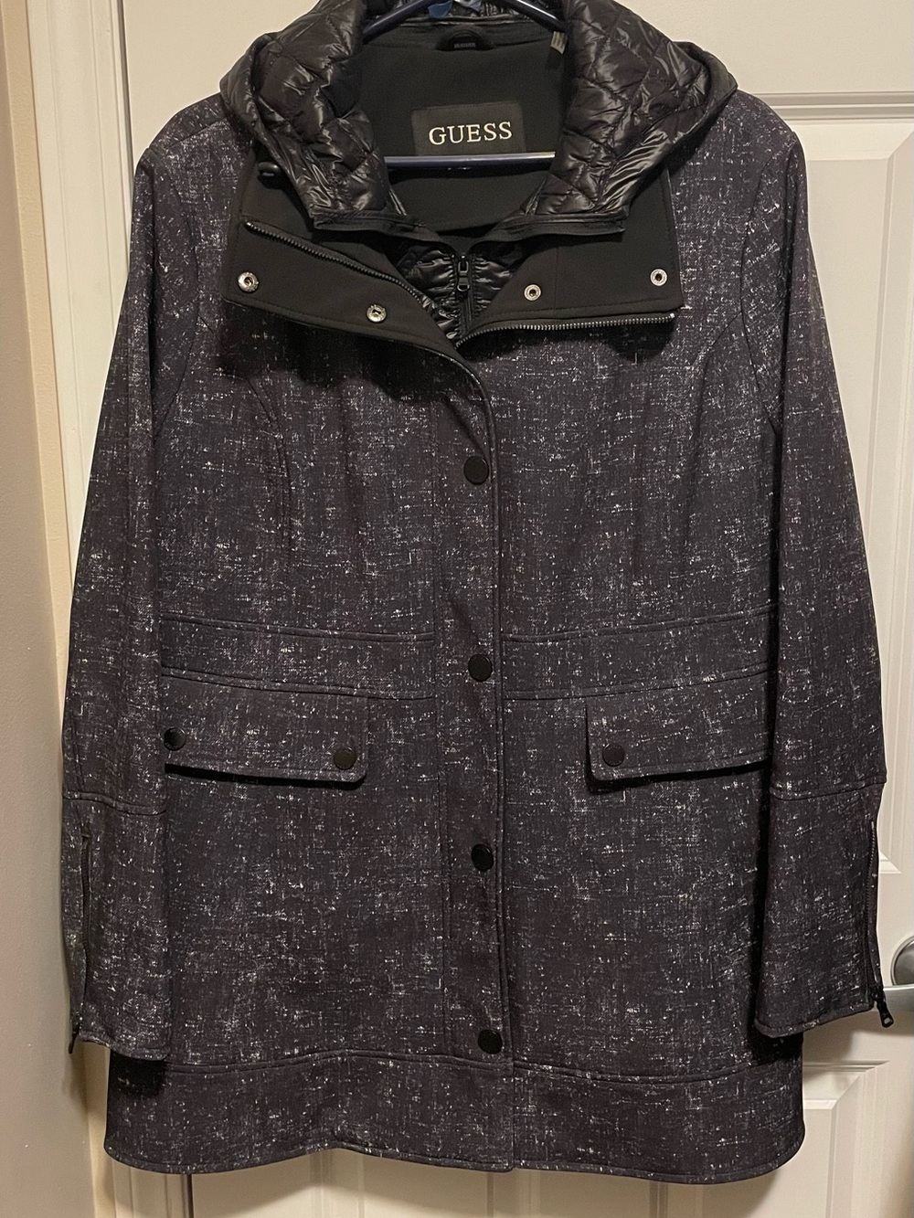 GUESS Women's Textured Softshell Trench Coat with an Attached Hooded Bib Liner